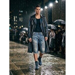 True Religion Geno Moto Shorts Men's 27 Blue Denim Chevron Stitch Raw Hem Biker